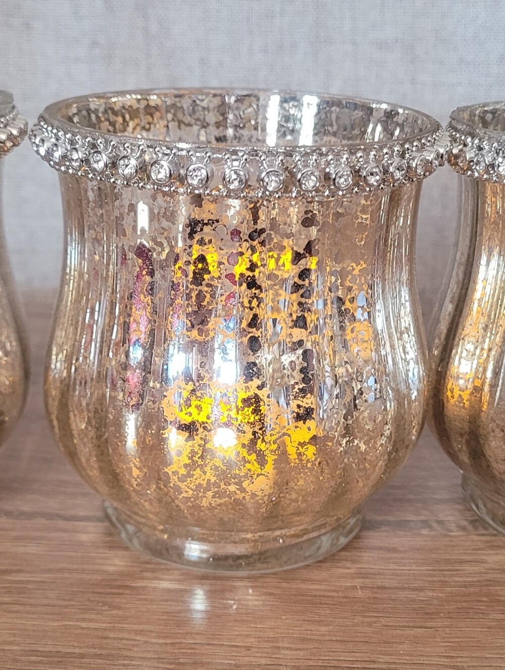 Three Mercury Glass Votive Holders with Rhinestone Rim - Gold Tea Light Candle